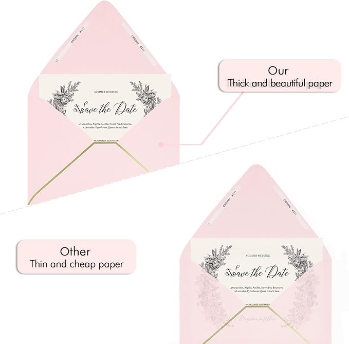 A7 Pink Envelopes 50 Pack 5 x 7 - V flap, Quick Self Seal, With Gold Border, For 5x7 Cards| Perfect for Weddings, Invitations, Photos, Graduation, Baby Shower|Thick Luxury Paper (Pink-golden border)