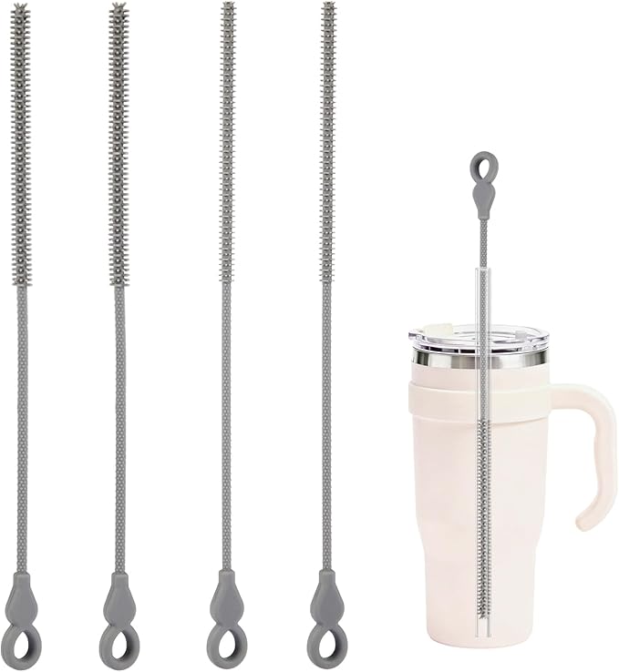 TenderBloom Silicone Straw Cleaner Brush, 4-Piece Reusable Straw Brush Set with Extra-Long Design for Cleaning Thin Metal Straws and Wider Milkshake Straws （6mm+9mm Gray)