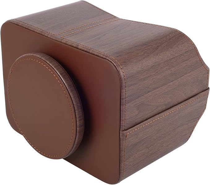 Brown 360 Degree Swiveling TV Remote Control Holder/Caddy, Leather Desk Organizer for Office and Home Furniture Decoration Storage Box(Dark wood grain)