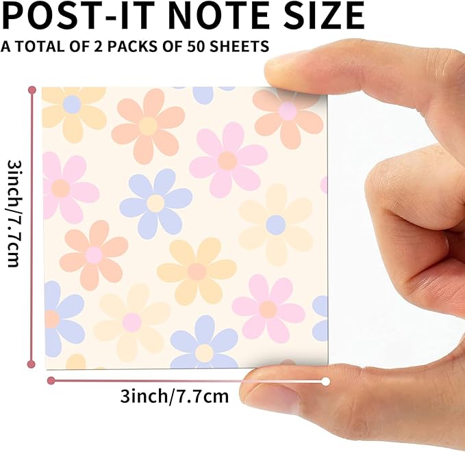 2 Pack Sticky Notes 3x3 Inches, Bright Cute Strong Sticking Power, Easy to Post for Home, Office, 80sheets/Pads, Colorful Flowers