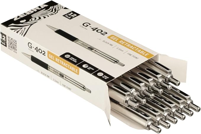 Zebra Pen G-402 Gel Pens 12-Pack, Black Ink, 0.5mm Fine Point, Stainless Steel Barrel, Comfortable Rubberized Grip, Secure Metal Clip, Shirt Pocket-Friendly (49210)