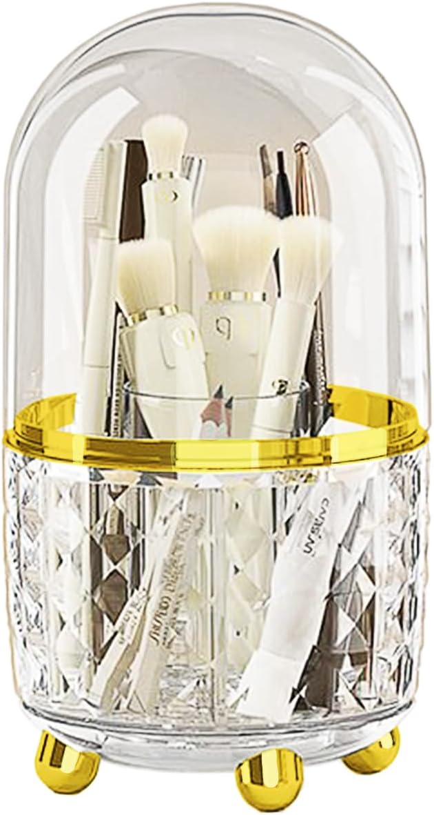 360° Rotating Pencil Holder for Desk, Makeup Brush Holder with 6 Slots, Desk Organizer for Writing Utensil, Office and School Supplies (Clear with cover)