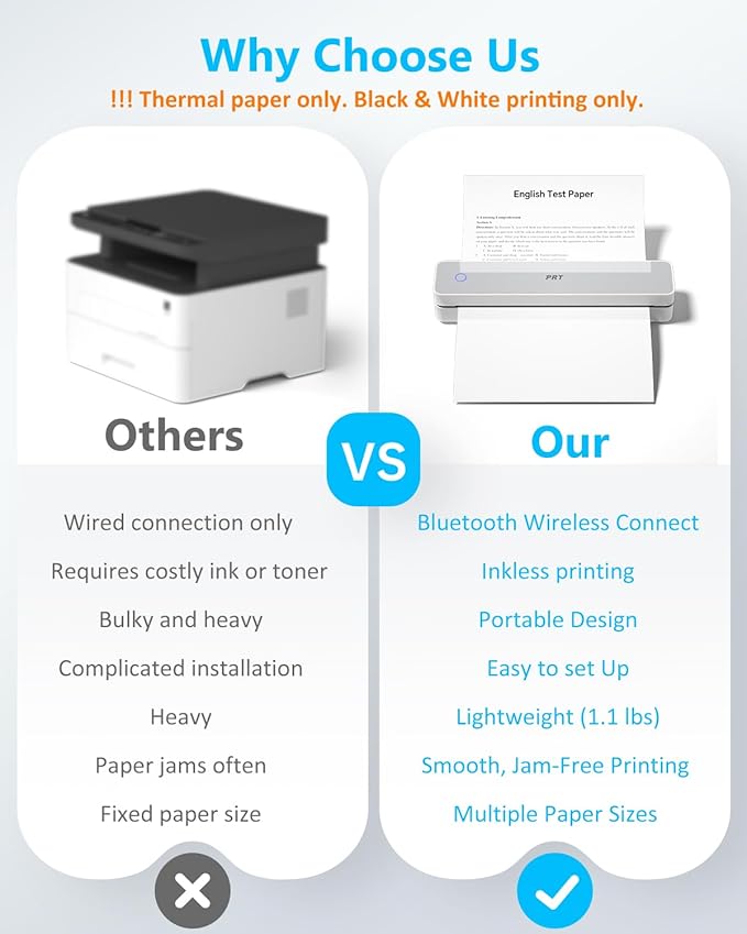 Inkless Portable Printer for Travel, Wireless Thermal Printer Support 8.5 x 11 Inch US Letter A4 B5, Bluetooth Mobile Printers with iOS, Android, Laptop for Home Use, Car, Office, School, Grey