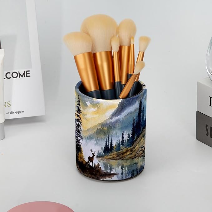 Watercolor Mountain Deer PVC Leather Circular Pencil Holder for Desk Organizer Stationery Holder for Office, School(3.9 x 3.1 Inches)