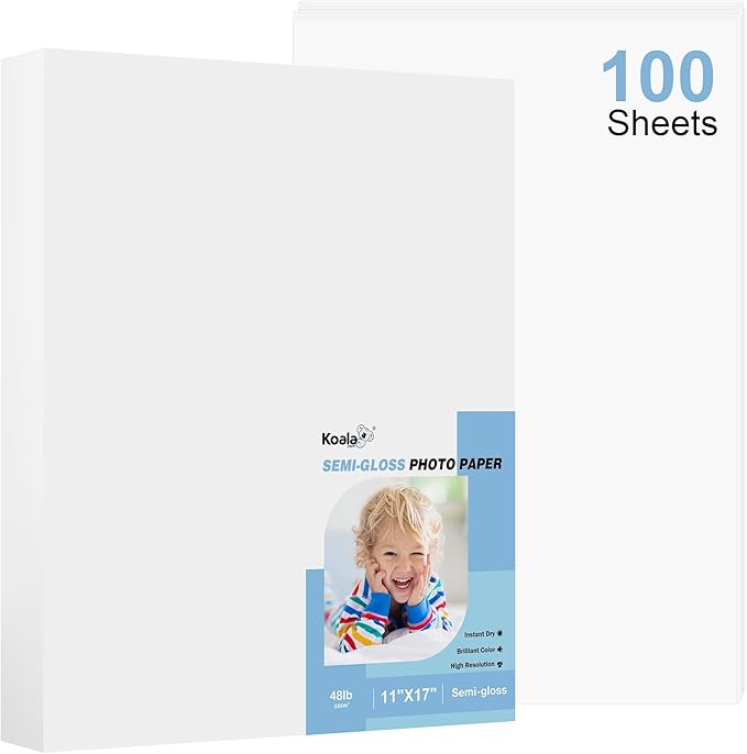 Koala Semi-Gloss Photo Paper 11X17 Inches 100 Sheets for Inkjet and Laser Printers Use DYE INK 48LB 180gsm Professional Paper