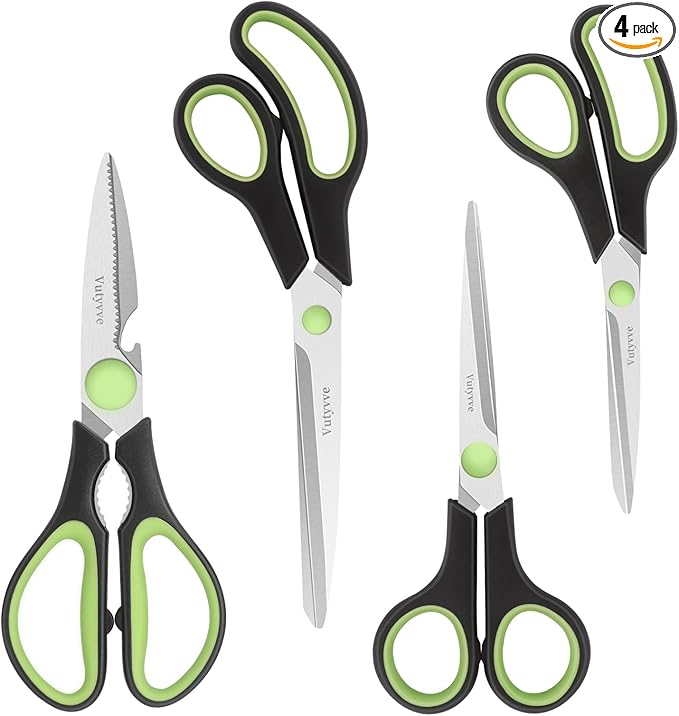 Kitchen Scissors, Stainless Steel Blades, Soft Grip, Multi-Purpose Heavy Duty Kitchen Scissors Set, Black/Green, 4 Piece Set