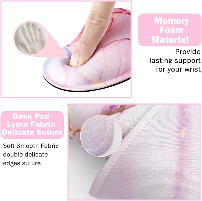 Keyboard Mouse Pad Set, Extended Mouse Pad+Keyboard Wrist Rest Support, Memory Foam Ergonomic Easy Typing, 3Pcs (35.4×15.7 in) Desk Pad Set for Home Office Study Game- Pink Marble