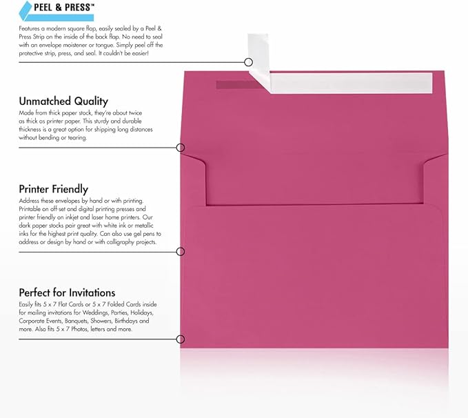 LUXPAPER A7 Invitation Envelopes for 5 x 7 Cards in 80 lb. Magenta, Printable Envelopes for Invitations, w/Peel and Press Seal, 250 Pack, Envelope Size 5 1/4 x 7 1/4 (Magenta)