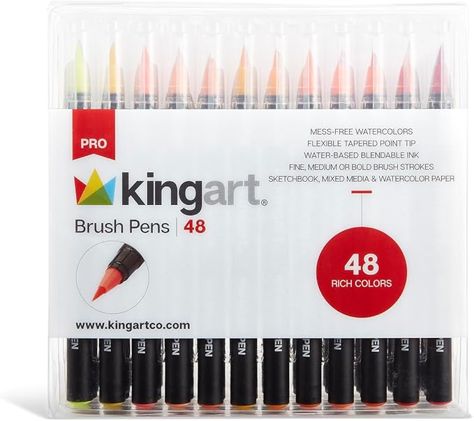 KINGART Pro Brush Pens, 48 Colors for Real Watercolor Painting with Flexible Nylon Brush Tips, Paint Markers for Coloring, Calligraphy and Drawing for Artists and Beginner Painters
