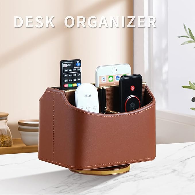 YAPISHI Remote Control Holder, Swivel Desk Organizer and Accessories Decorations for Living Room, PU Leather Room Decor Aesthtic, Bedside Table Organizer Remotes Caddy for TV Controllers/Stationery