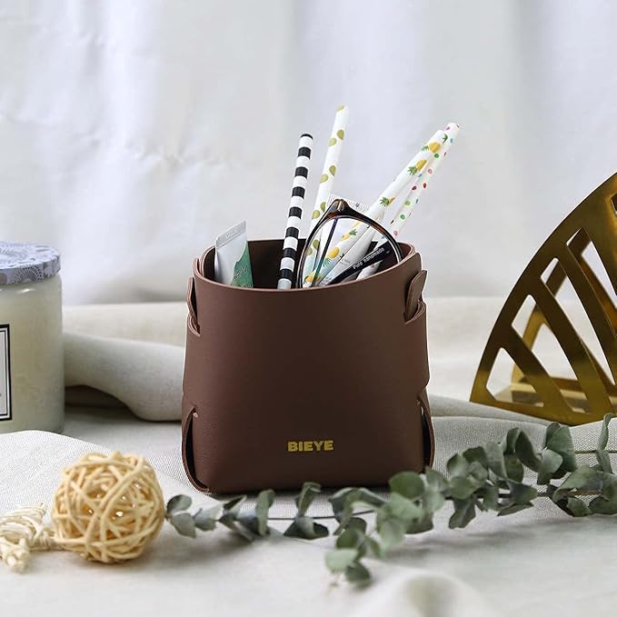 Bieye LSB003 Collapsible Leather Storage Bin Decorative Desk Organizer for Jewelry Makeup Pen Pencil Glasses Remote Controller Storage (Brown, 4" WX4 LX4 H)