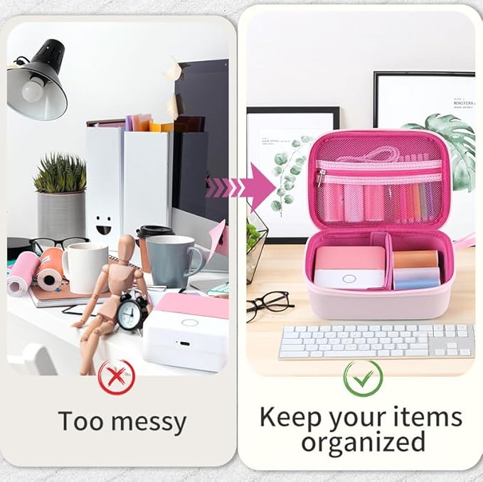 Carrying Case for Print Pods Mini Printer, Portable Mini Thermal Sticker Maker Travel Bag with Mesh Pocket, Bluetooth Label Printer Protective Storage Holder for Printing Paper & Accessories (Pink)