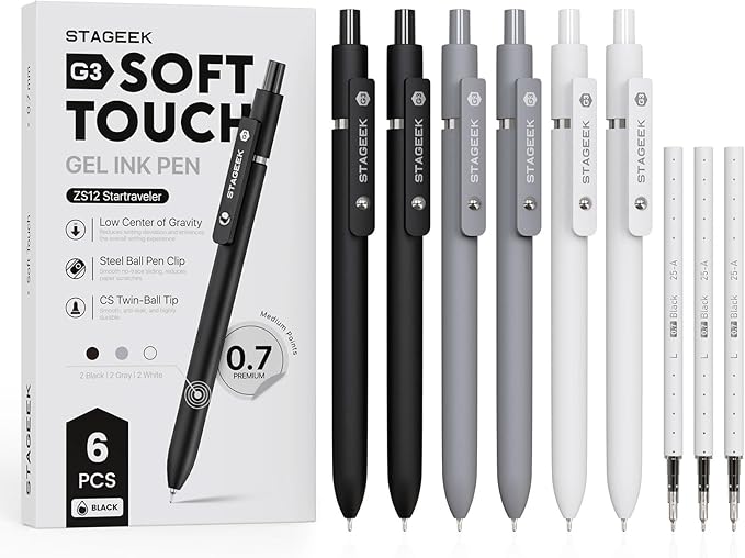 Black Gel Pens, 6Pcs Fine Point Smooth Writing Pens with 3 Extra Refills, Quick Dry Black Ink Pens for Journaling, Office, Note Taking, School Supplies, Nurse Aesthetic(Black Gray White)