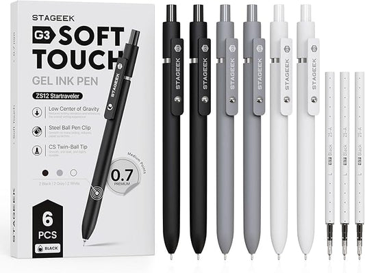 Black Gel Pens, 6Pcs Fine Point Smooth Writing Pens with 3 Extra Refills, Quick Dry Black Ink Pens for Journaling, Office, Note Taking, School Supplies, Nurse Aesthetic(Black Gray White)