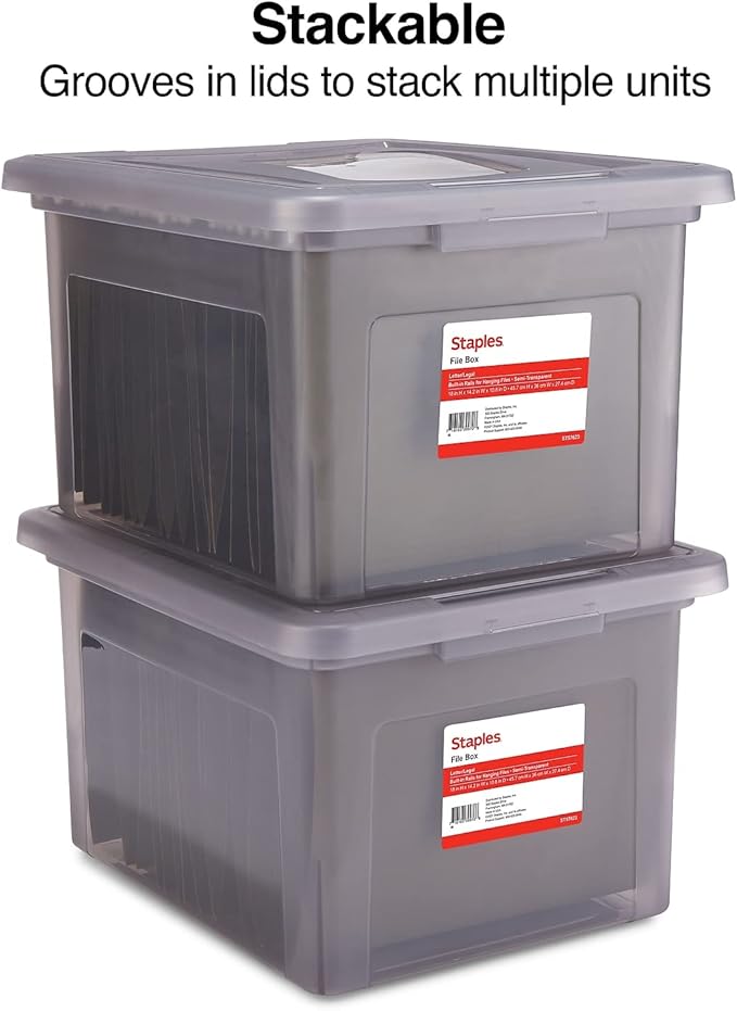 STAPLES Hanging File Folder Box, Storage Bin Organizer, Snap Lid, Letter & Legal Size Documents, Frost Gray