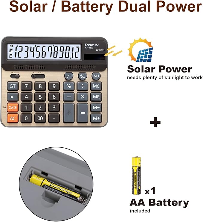 Comix Desktop Calculator, Large Computer Keys, 12 Digits Display, Champaign Gold Color Panel, C-2735