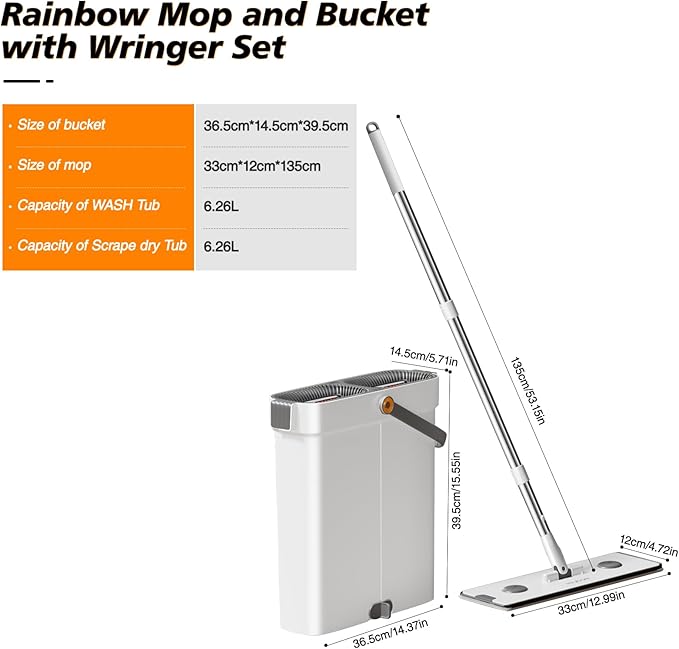 CTIME Flat Mop and Bucket Set with Wringer，Wet and Dry Use，Hands-Free Flat Mops for Floor Cleaning and Window Wall Cleaner with 4 Microfiber Pads.