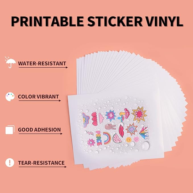 HTVRONT Printable Vinyl Sticker Paper - 70 Sheets Glossy Waterproof Sticker Paper for Inkjet Printer & Laser Printer, Dries Quickly & Tear Resistant, 8.5"x11"