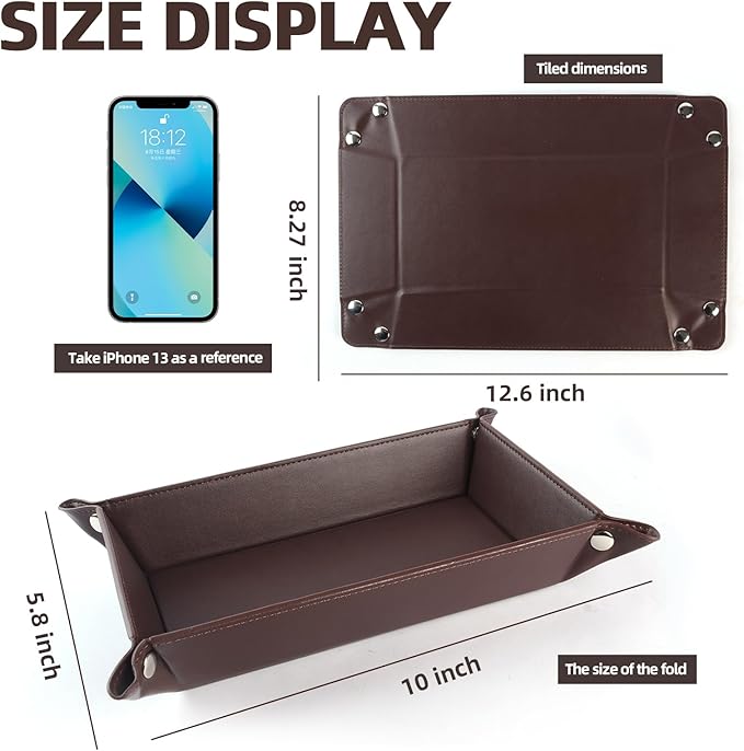 Leather Valet Tray for Men and Women - Jewelry Tray Nightstand Organizer - Bedside Vanity Tray - Dresser Catchall Tray - Desk Organizer and Storage for Keys, Phone, Wallet (Rectangular)
