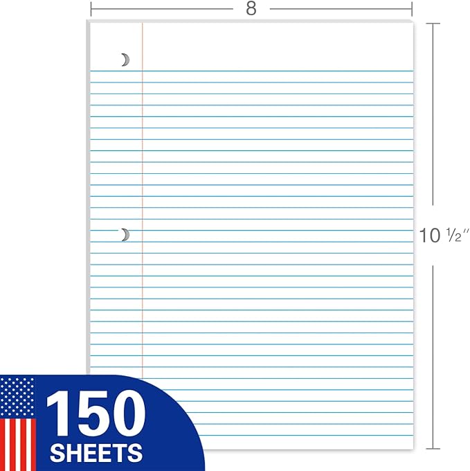 Loose Leaf Notebook Paper, 8"x10-1/2" College Ruled Lined Paper, 3 Hole Punched For 3 Ring Binder, 150 Sheets/Pack, 24PK Per Carton, 3600 Sheets, Made In USA