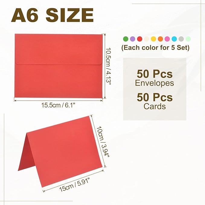 PATIKIL 50Pack 10 Assorted Colors 4x6 Blank Cards and Envelopes, Self Seal A6 Envelopes with Folded Cardstock Small for Greeting Cards Wedding Greeting Birthday Invitations Letter Mailing