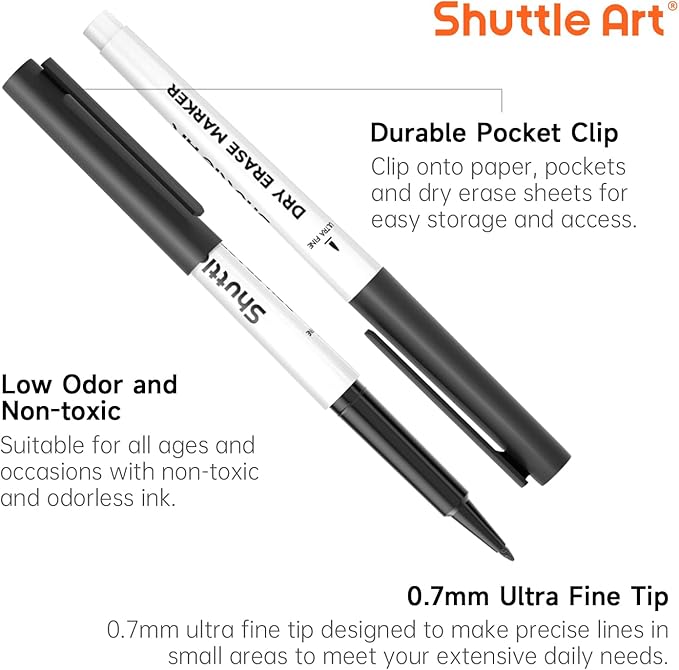 Shuttle Art Ultra Fine Dry Erase Markers, 15 Pack Black Whiteboard Markers with Erase, Dry Erase Markers Perfect For Writing on Whiteboards, Dry-Erase Boards,Mirrors for School Office Home