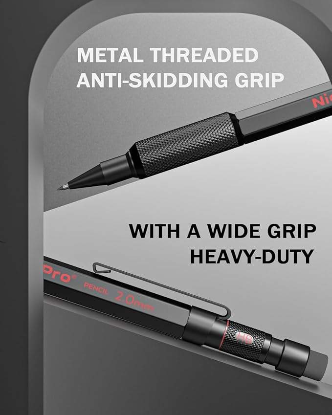 Nicpro 2mm Mechanical Pencils Set with Case, 12 Black & Colored Lead Refills, Erasers - MP2000 Weatherproof Metal Lead Holder, Heavy Duty Carpenter Pencil For Writing, Drawing, Woodworking