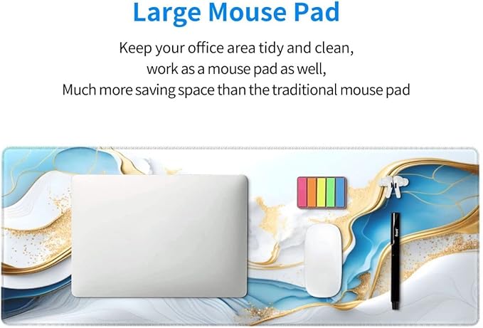 Desk Pad,Office Desk Mat 31.5"×11.8" Large Gaming Mouse Pad,Durable Extended Computer Mouse Pad,Waterproof Thick Big mouse Pads with Non-Slip Rubber Base Office Home Blue White Gold Marble
