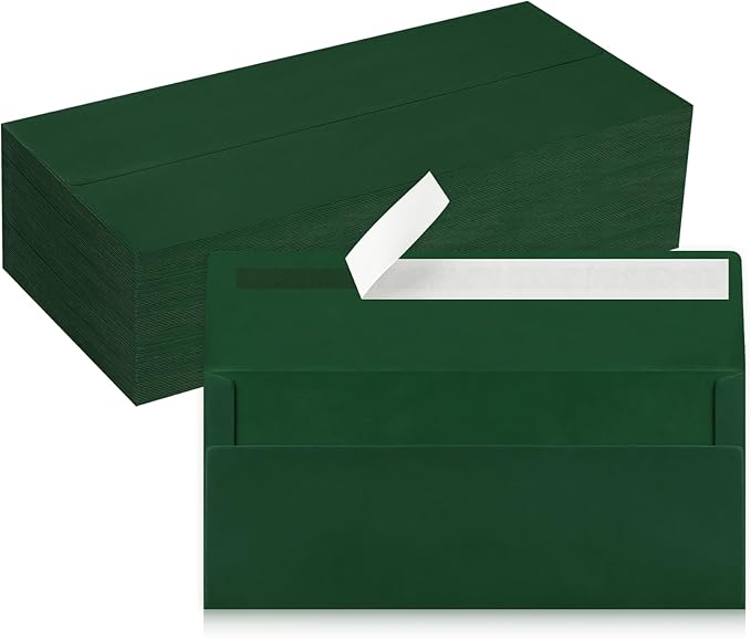 100 Pack #10 Business Envelopes, Dark Green Standard Envelopes Self Seal, Letter Size Mailing Envelopes for Checks Letters Invoices Statements Christmas Birthday Graduation Wedding, 4 1/8 x 9 1/2 Inch