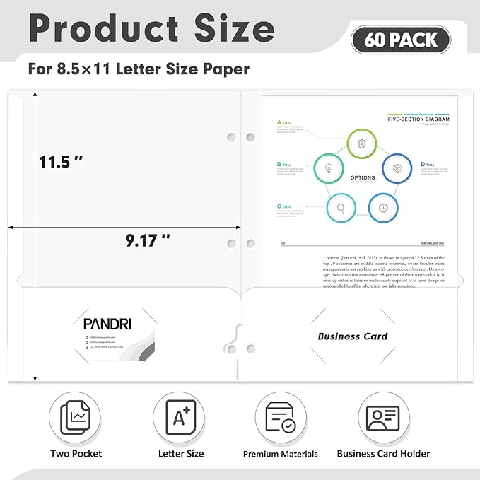 Two Pocket Portfolio Folders, PANDRI 60 Pack 3 Hole Punched 2 Pocket Folders for 3 Ring Binder, Letter Size Paper File Folder for School Office Home Business, White