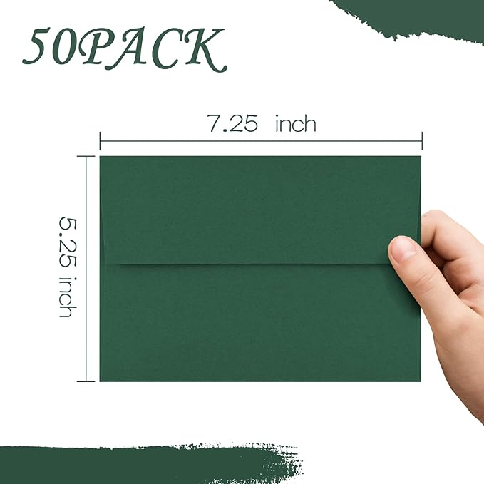 50 Pack 5x7 Envelopes for Invitations,5.25x7.25 inches,A7 Envelope Green Self Seal,Printable Envelopes for Wedding,Invitation,Baby Shower,5x7 Cards