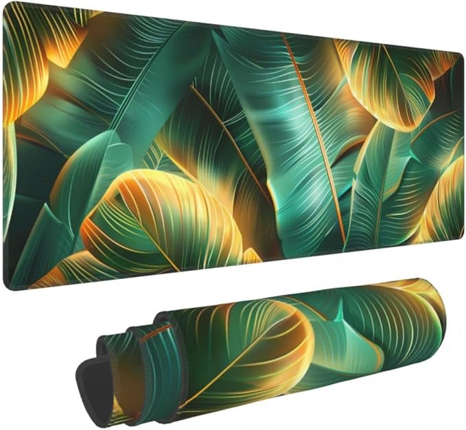 Desk Pad,Office Desk Mat 31.5"×11.8" Large Gaming Mouse Pad,Durable Extended Computer Mouse Pad,Waterproof Thick Big Mouse Pads with Non-Slip Rubber Base Office Home Gold Green Palm Leaves