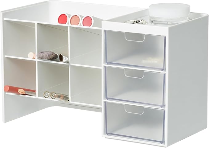 BLUE GINKGO Hive Stack Desk Organizer – Stackable Pen Holder, Stationary Organizer with Drawers - Office Storage, School Supplies, Makeup (Made in Korea, White Transperent)