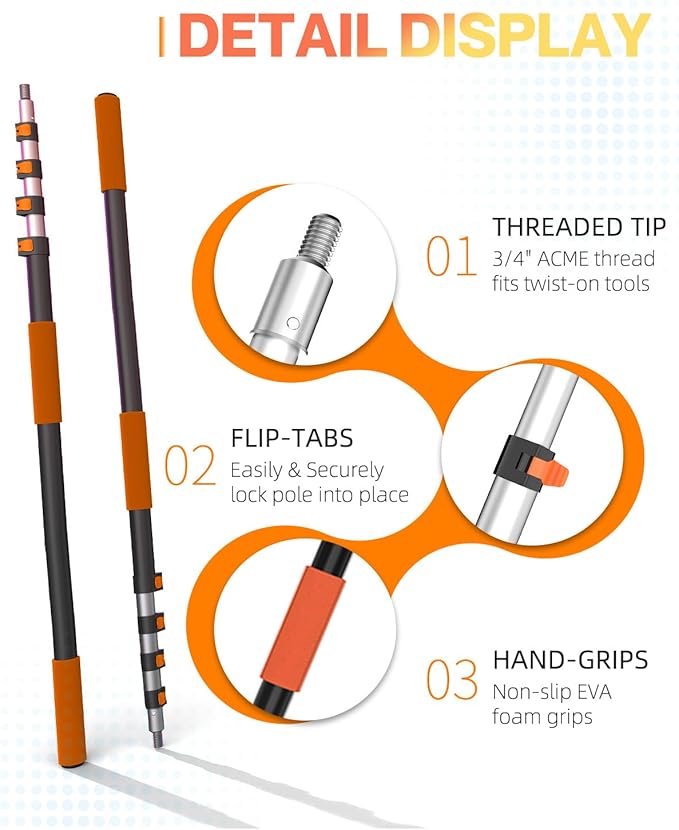 SKGPOLE 36FT Reach Telescopic Extension Pole, 7-30FT Multi-Purpose Extension Pole with Universal Twist-on Metal Tip, Sturdy Aluminum Paint Roller Extension Pole for Squeegee, Paint Roller, Orange