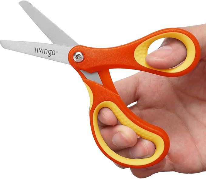 LIVINGO 3 Pack 5” Kids Scissors, Left/Right Handed Blunt Stainless Safety Toddler Preschool Child Scissors with Cover, School Classroom Craft Supplies for Teachers, Yellow/Blue/Gray