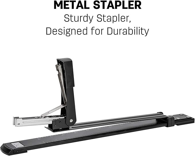 Deli Long Reach Stapler with 1000 Staples, 20 Sheet Capacity, Long Arm Standard Staplers for Booklet or Book Binding, Black