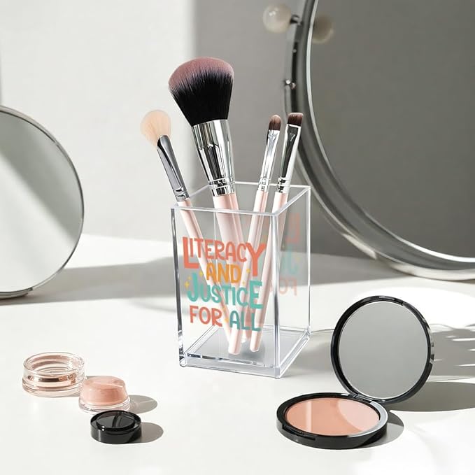 Literacy and Justice for All Acrylic Cosmetic Pencil Pen Holder Cup, Reading Book Club Pen Holder Cup, Bookish Gifts, Social Justice Gifts for Women Mom Sister Friend Coworker Librarian Teacher