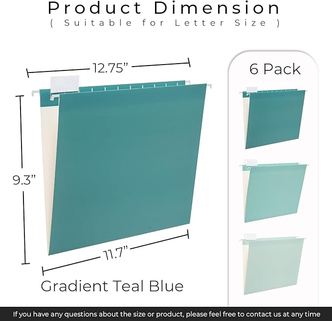 Y YOMA 6 Pack Gradient Hanging File Folders Letter Size Decorative Hanging Folder Pretty File Folder Organizer for Filing Cabinet Office Home with 1/5-Cut Adjustable Tabs, Teal Blue