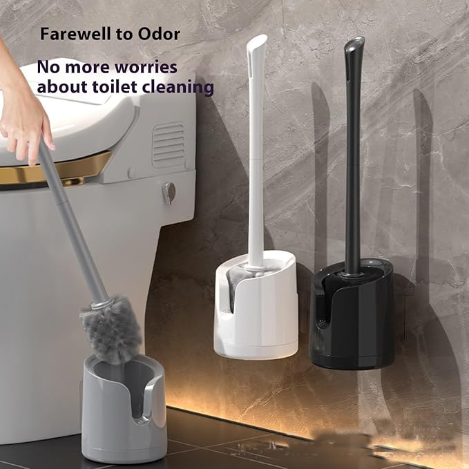 Wall Mounted Toilet Brush Set with No-Drill Adhesive & Drip-Free Tray Space-Saving Toilet Cleaning Brush Holder Deep CleansNoMessStorageSlides Under Sinks (Gray)