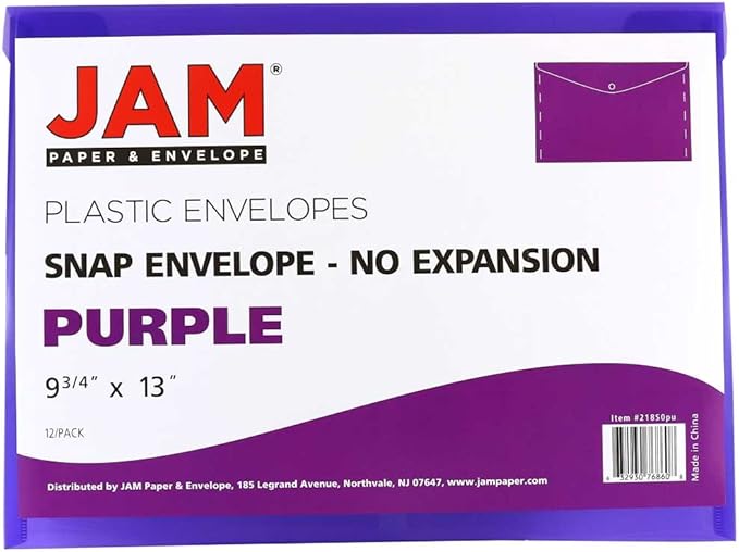 JAM PAPER Plastic Envelopes with Snap Closure - Letter Booklet - 9 3/4 x 13 - Purple - 12/Pack