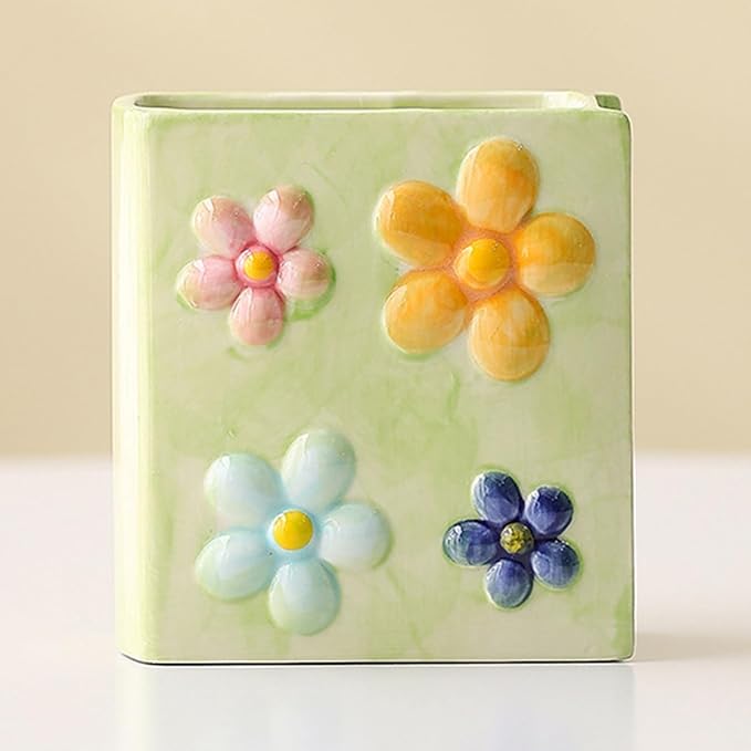 Book Vase Flower Pencil Cup Pen Holder For Office Desk Decorative Books Yellow Flower Vase Cute Toothbrush Holders Home Decor Teacher Book Gifts for Women Small Makeup Brushes Holder