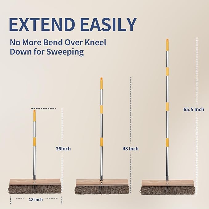 NICOFPHY 18" Push Broom Outdoor Heavy Duty - 65" Long Handle Large Wide Shop Broom, Commercial Stiff Palmyra Bristle Outside Broom Brush for Sweeping Concrete Floor, Garage, Patio, Shop, Yard, Lawn