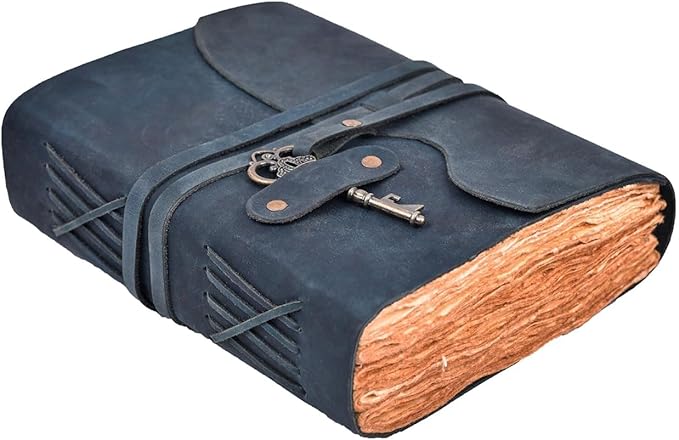 LEATHER VILLAGE Vintage Leather Journal – 200 Handmade Vintage Deckle Edge Paper – Leather bound Journal For Women Men – Vintage Key Closure - Book of Shadows - Blue - 6X4 inches (A6)