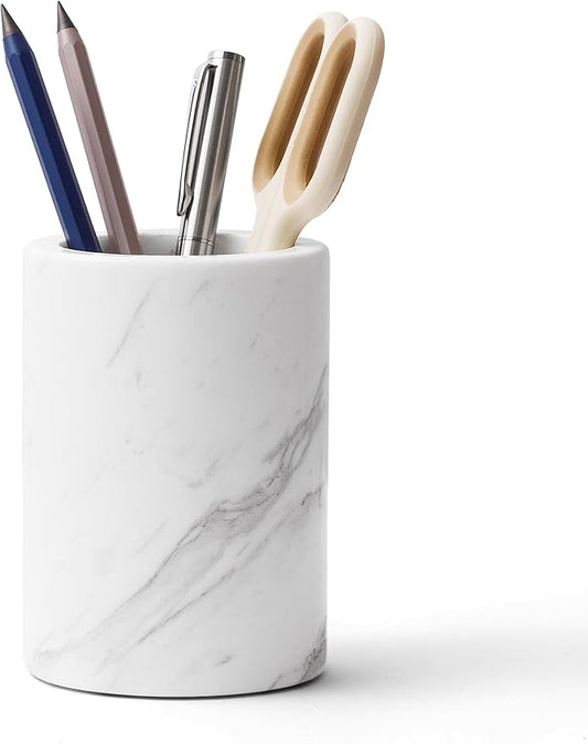 WORHE Natural Marble Pen Holder for Desk, Handcrafted Volakas Sturdy Desk Organizer for Office Supplies Storage Desktop Stationary Makeup Brushes Cup Pencil Holders for Home White (DL002)