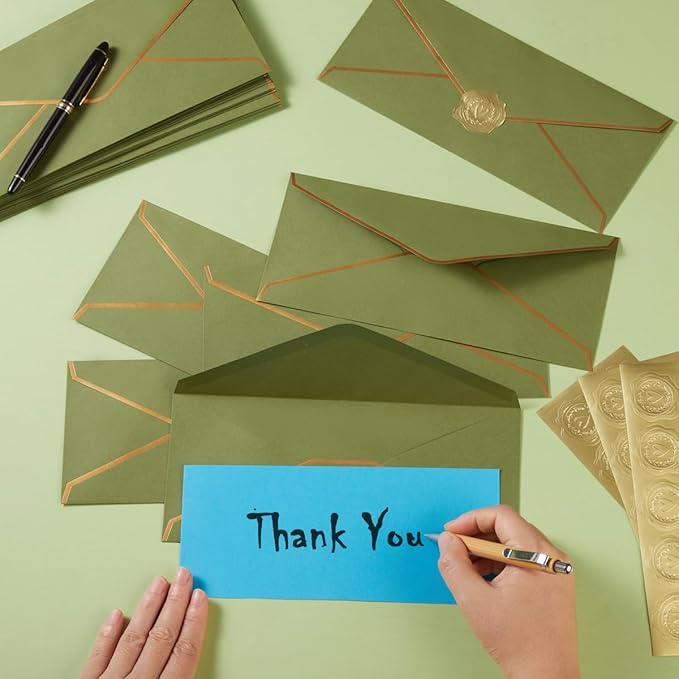 50 Pack #10 Business Envelopes with Gold Border, Self Seal Standard Envelopes with Gold Stickers for Office, Checks, Letter Mailing, Invoices, 4 1/8 x 9 1/2 Inches (Olive Green)