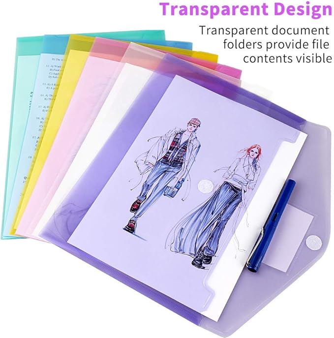 36 Pack Plastic Poly Filing Envelopes, Clear Document Folders US Letter A4 Size File Envelopes with Label Pocket & Paste Button for School Home Work Office Organization, 6 Assorted Color
