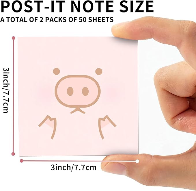 2 Pack Sticky Notes 3x3 Inches, Bright Cute Strong Sticking Power, Easy to Post for Home, Office, 80sheets/Pads, Fashion Pig Face