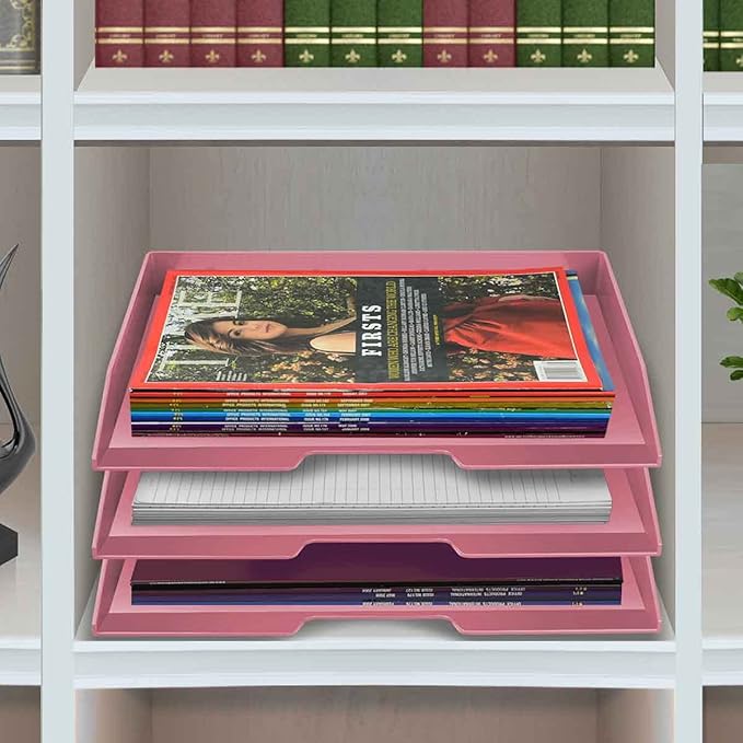 Acrimet Stackable Letter Tray 3 Tier Side Load, Plastic, Desktop File Organizer (Solid Pink Color)
