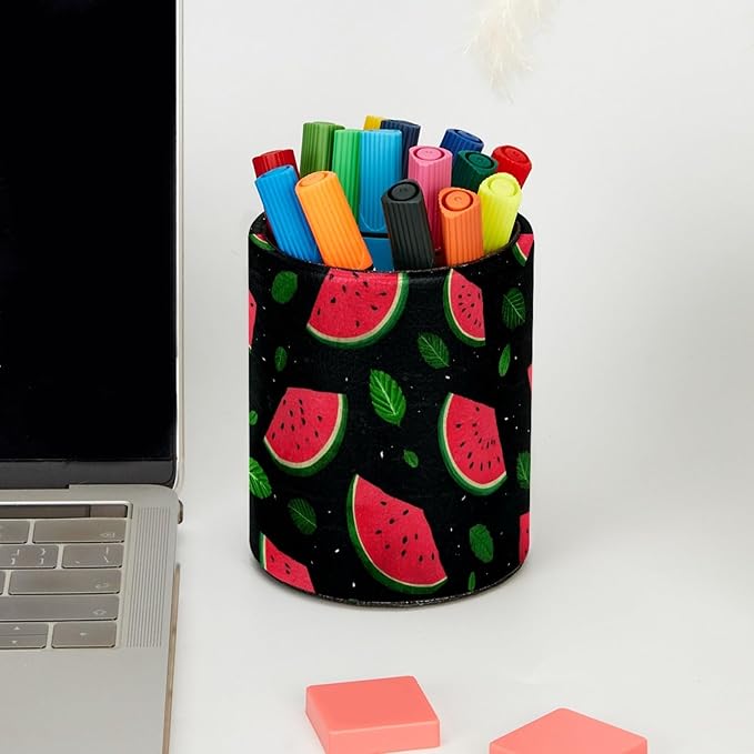 Leather Pen Holder for Desk Watermelon Print Pencil Cup Desktop Organizer Makeup Brush Holders Office Supplies for Home, Kids & School