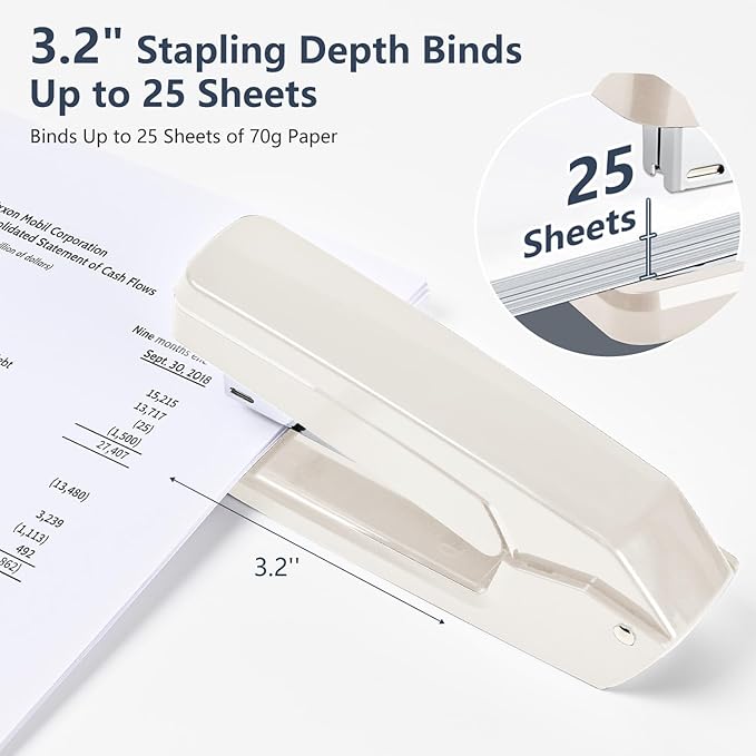 MJMX 360° Rotating Swing-Arm Stapler, 25-Sheet Capacity, with 1000 Staples, 8-Position Lock, ABS Durable Design, for Office/Home/School (Gray White)